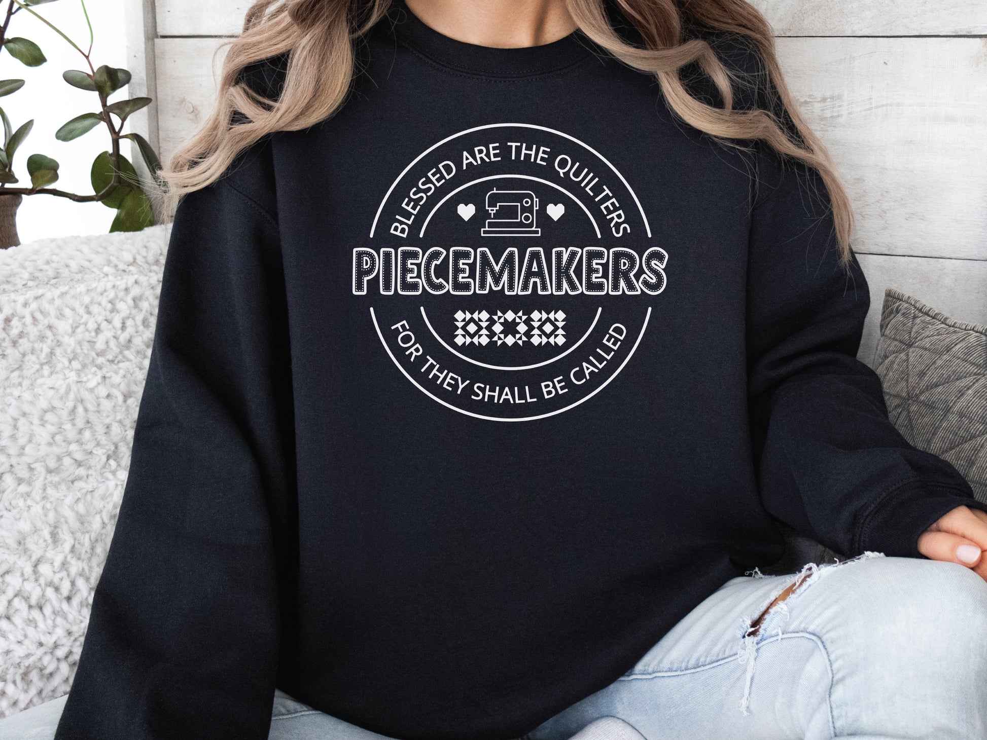 A long-sleeve quilting t-shirt from Bee Inspired Tees featuring the phrase “Piecemaker – Quilters Are Blessed,” celebrating creativity, faith, and the art of quilting; a cozy gift for quilters and perfect for retreats or sewing days.