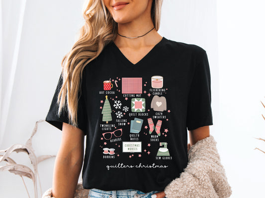 T-shirt with festive “Quilter’s Christmas” icons including quilt blocks, cocoa, lights, sweaters, and sewing items — perfect holiday gift for quilters and sewing lovers.