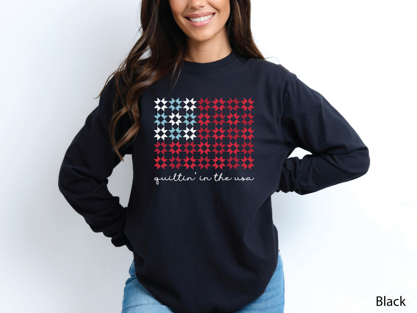Quiltin’ In The USA quilt long sleeve t-shirt with red, white, and blue quilt block design, ideal for America’s 250th Anniversary and patriotic quilters.
