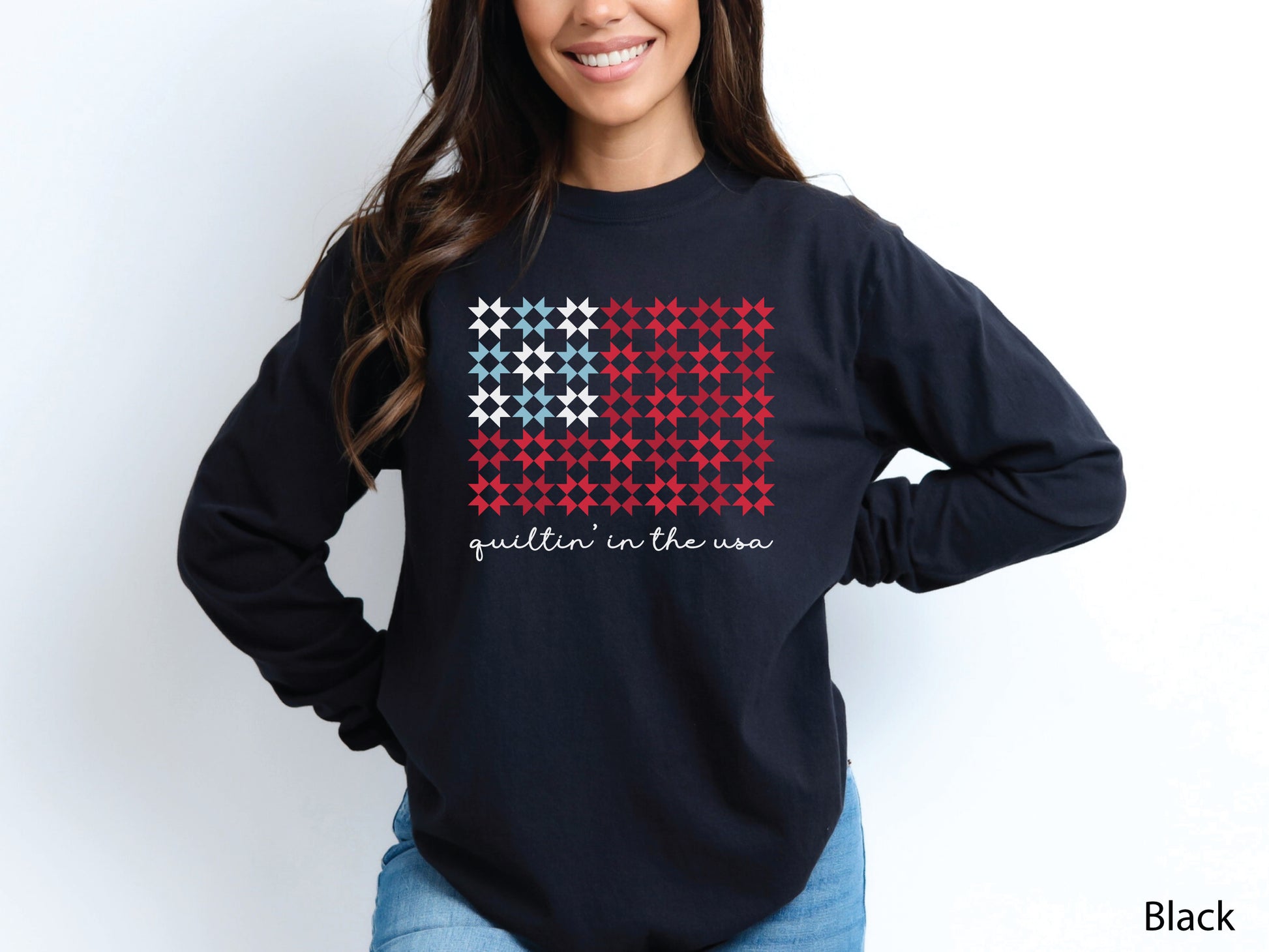 Quiltin’ In The USA quilt long sleeve t-shirt with red, white, and blue quilt block design, ideal for America’s 250th Anniversary and patriotic quilters.