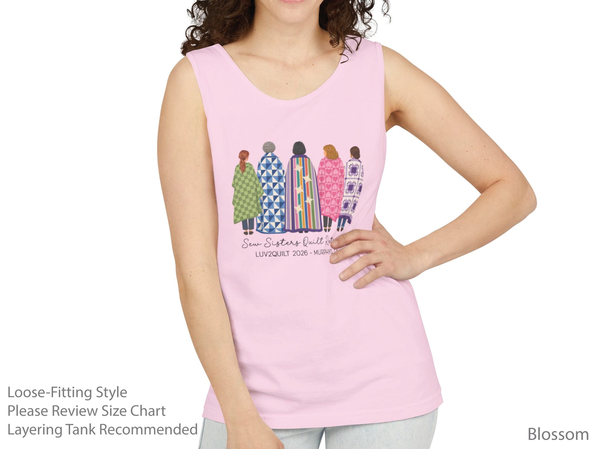 Sew Sisters Quilt Retreat shirt design featuring five women wrapped in colorful green, blue, striped, pink heart, and purple quilts with LUV2QUILT 2026 – Murphys, CA text.