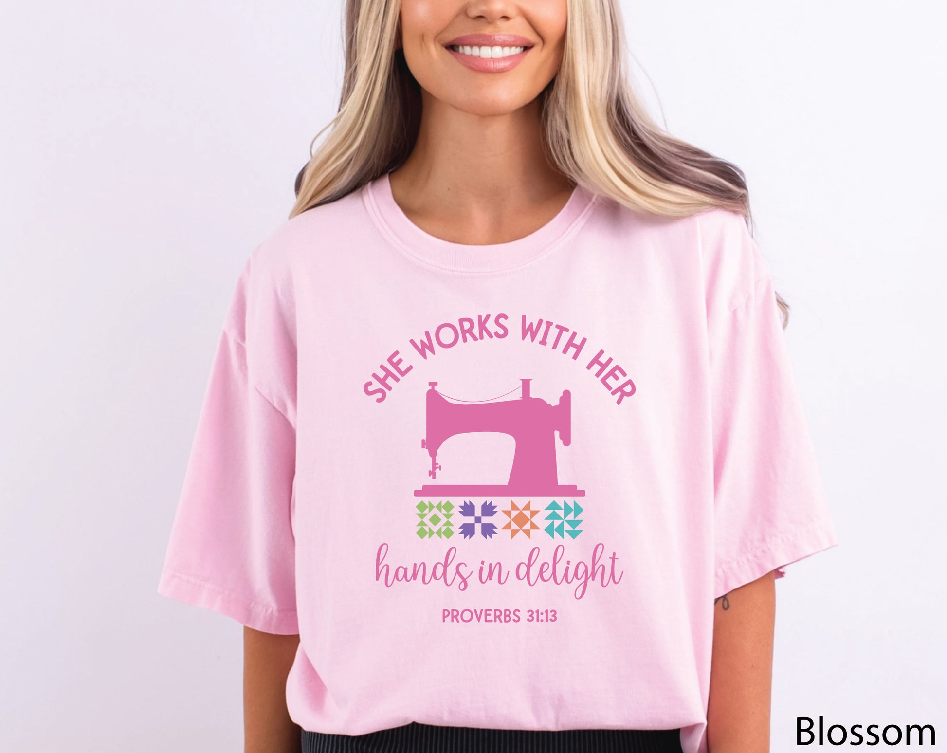 Quilting t-shirt with vintage sewing machine, quilt blocks, and Proverbs 31:13 verse, perfect for faith-based quilters and sewing enthusiasts.