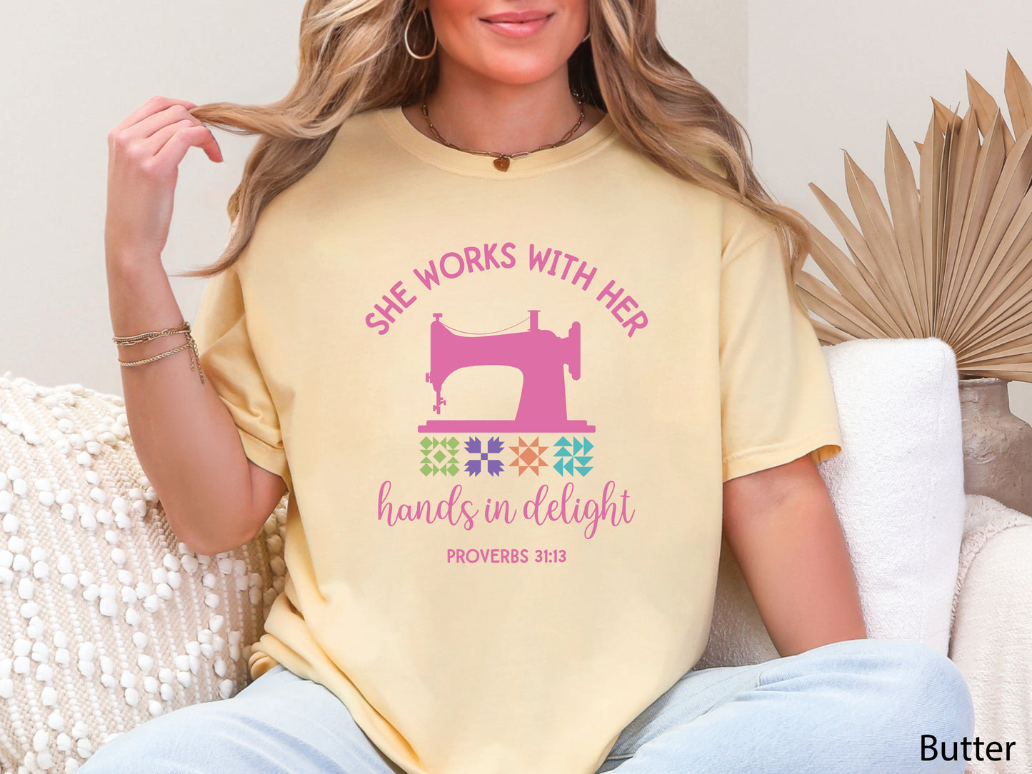 Quilting t-shirt with vintage sewing machine, quilt blocks, and Proverbs 31:13 verse, perfect for faith-based quilters and sewing enthusiasts.