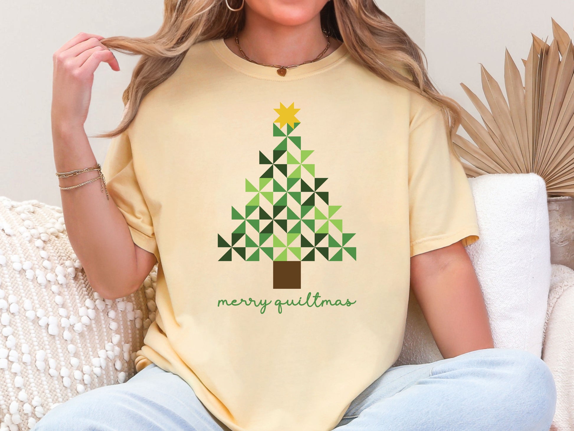 Merry Quiltmas t-shirt in Yellow (Butter) with quilt block Christmas tree design in green pinwheel blocks topped with gold star—holiday gift for quilters. Shop at Bee Inspired Tees for sewing and quilt-themed short and long sleeve t-shirts, gifts, and stickers designed for passionate sewists and quilters.
