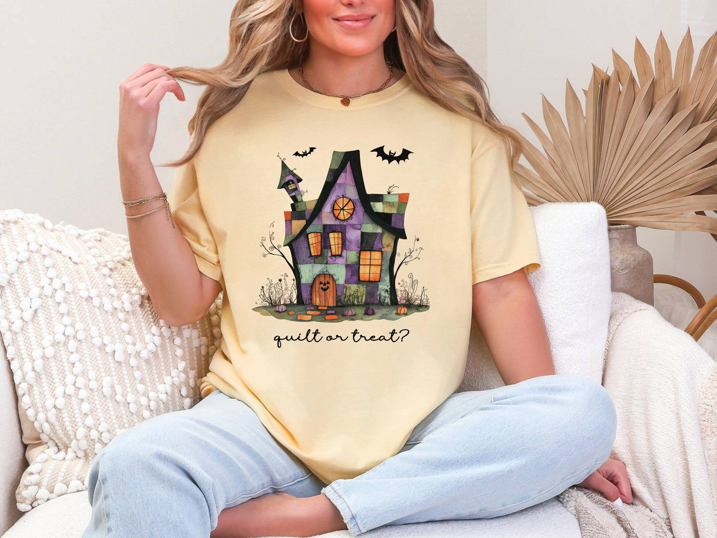 Quilt or Treat Halloween t-shirt on a Comfort Colors Butter (yellow) tee—fun Halloween gift for quilters, perfect for spooky season sewing and retreats.