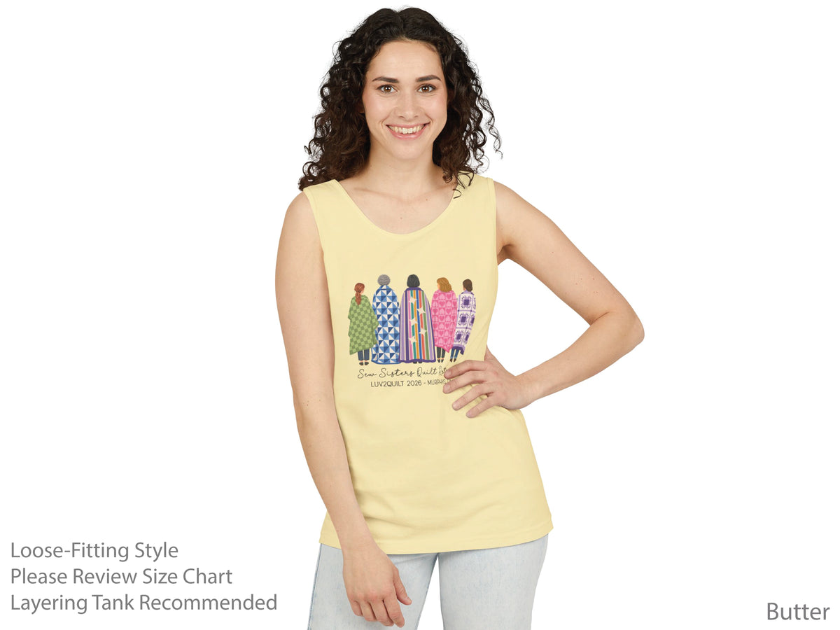 Sew Sisters Quilt Retreat shirt design featuring five women wrapped in colorful green, blue, striped, pink heart, and purple quilts with LUV2QUILT 2026 – Murphys, CA text.