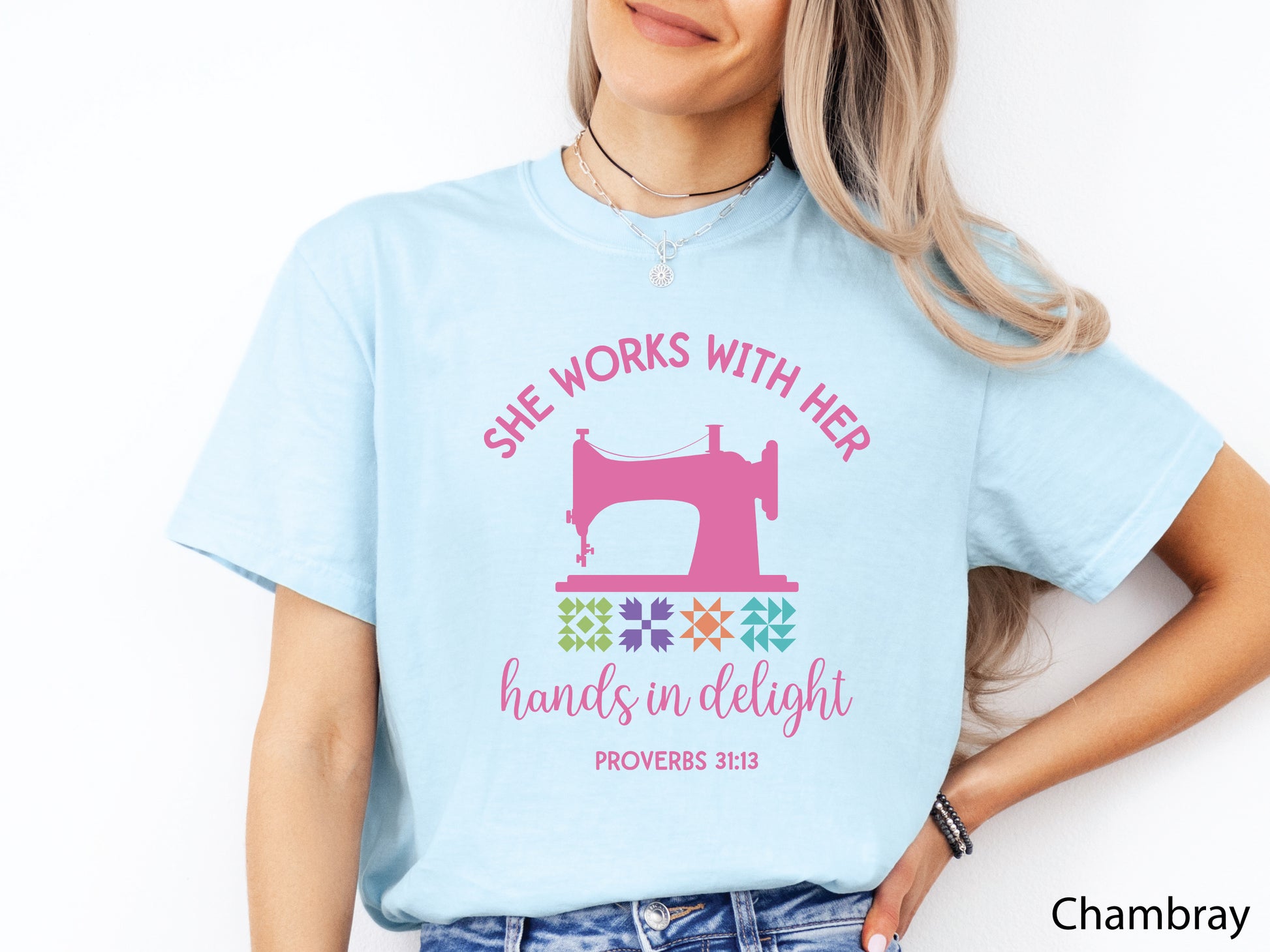 Quilting t-shirt with vintage sewing machine, quilt blocks, and Proverbs 31:13 verse, perfect for faith-based quilters and sewing enthusiasts.