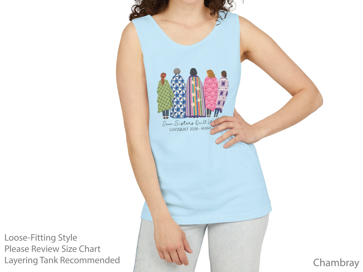 Sew Sisters Quilt Retreat shirt design featuring five women wrapped in colorful green, blue, striped, pink heart, and purple quilts with LUV2QUILT 2026 – Murphys, CA text.