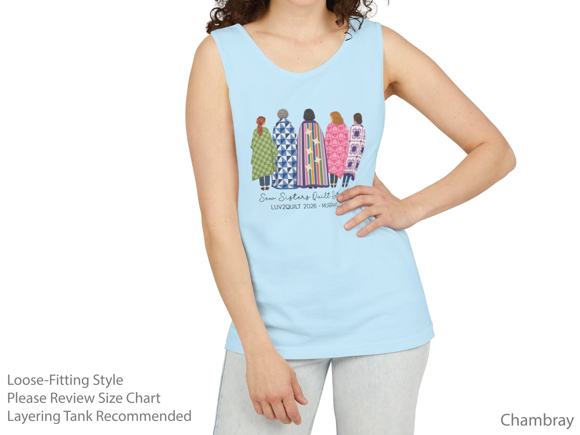 Sew Sisters Quilt Retreat shirt design featuring five women wrapped in colorful green, blue, striped, pink heart, and purple quilts with LUV2QUILT 2026 – Murphys, CA text.