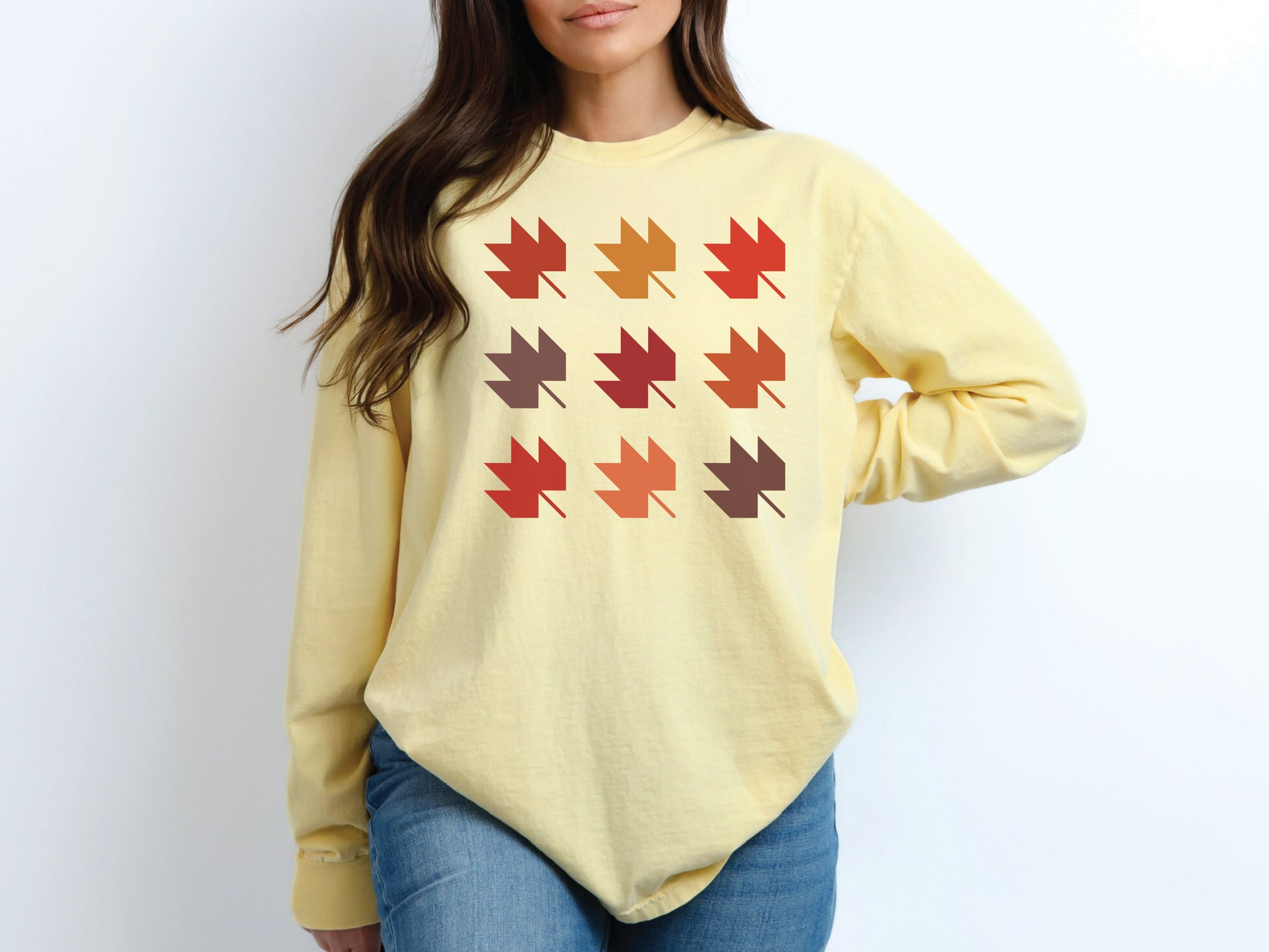 Cozy fall quilting long sleeve shirt in Yellow (Butter) by Bee Inspired Tees with maple leaf quilt block grid design. Perfect for quilt retreats and gifts for quilters.