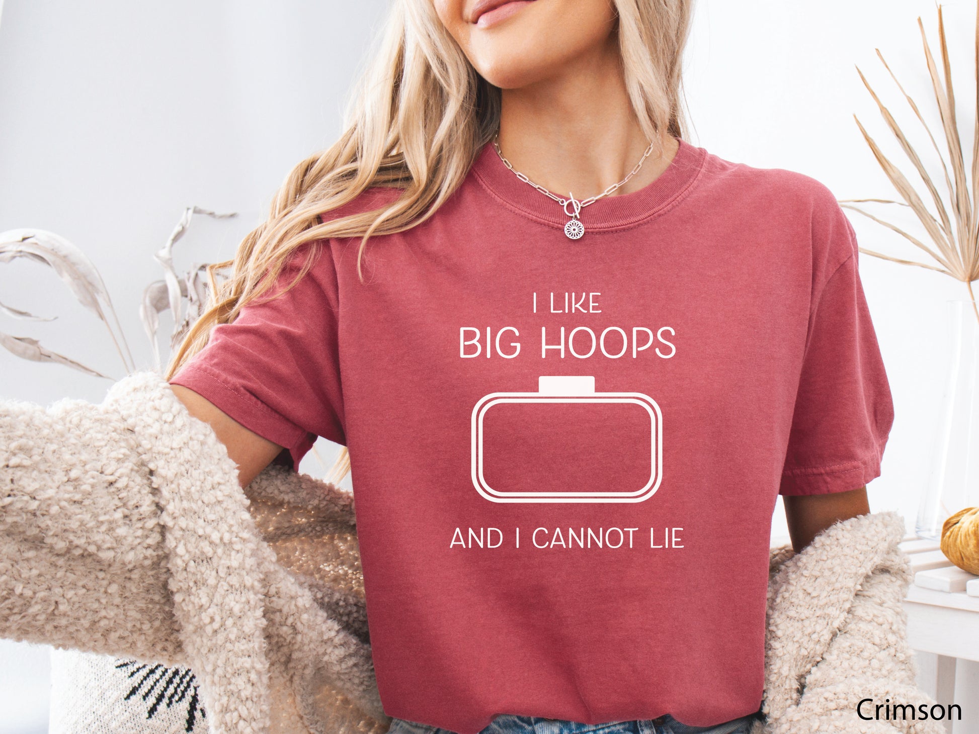 Embroidery-themed t-shirt with the phrase “I Love Big Hoops And Cannot Lie” and an embroidery hoop centered in the design for machine embroidery lovers.
