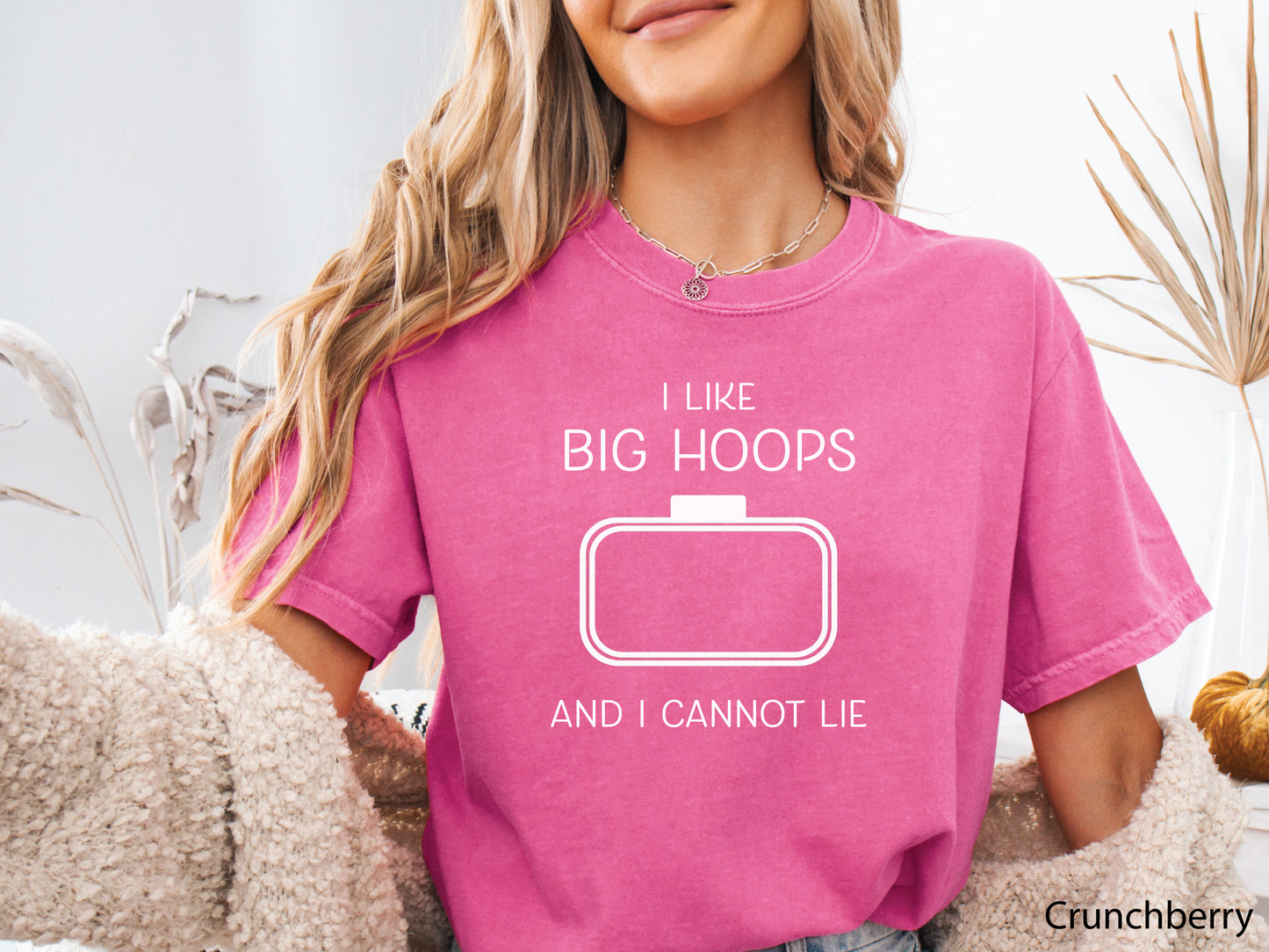 Embroidery-themed t-shirt with the phrase “I Love Big Hoops And Cannot Lie” and an embroidery hoop centered in the design for machine embroidery lovers.
