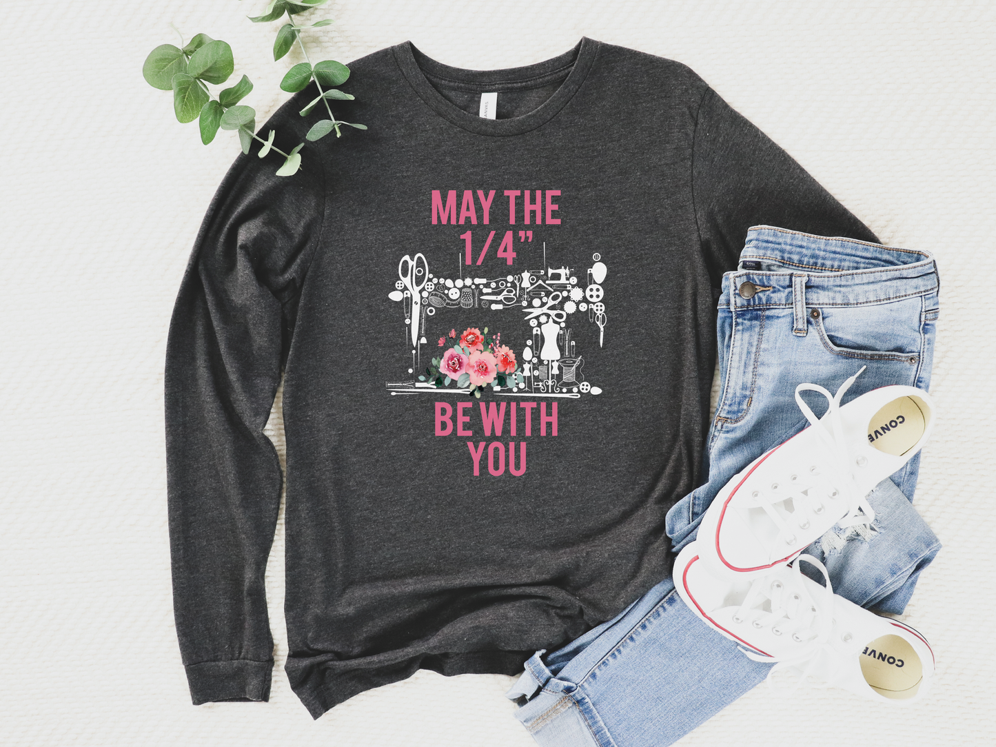 Funny quilting shirt in dark grey long sleeve by Bee Inspired Tees. Features witty quarter-inch seam design—perfect for quilt retreats, guild meetups, and gifts for quilters.
