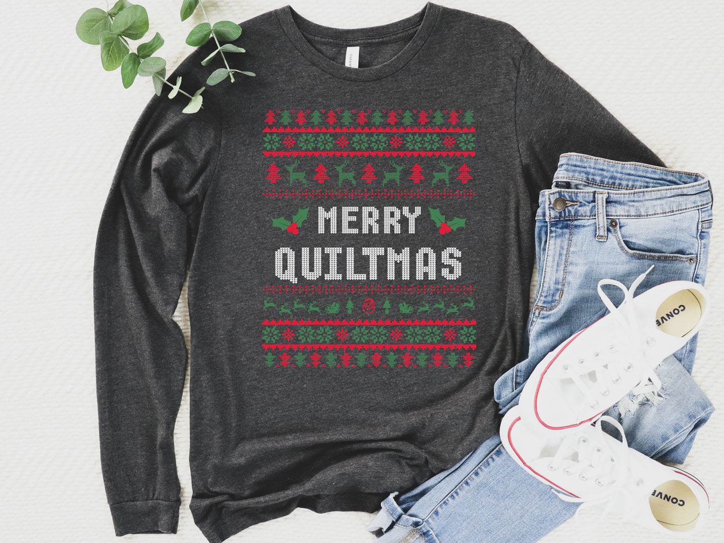 Long sleeve t-shirt with festive “Merry Quiltmas” design — perfect holiday gift for quilters, sewists, and anyone who loves Christmas sewing fun.