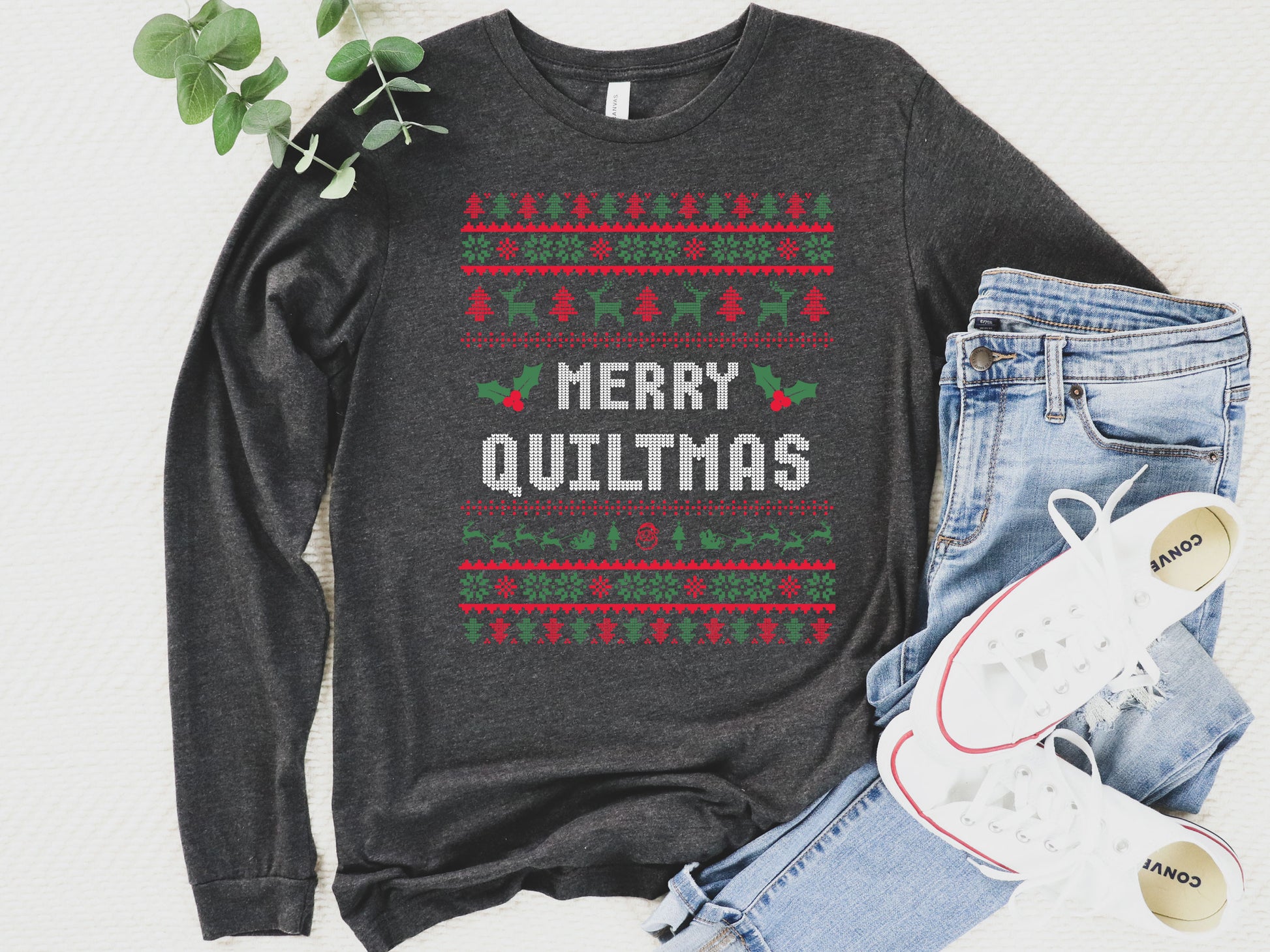 Long sleeve t-shirt with festive “Merry Quiltmas” design — perfect holiday gift for quilters, sewists, and anyone who loves Christmas sewing fun.