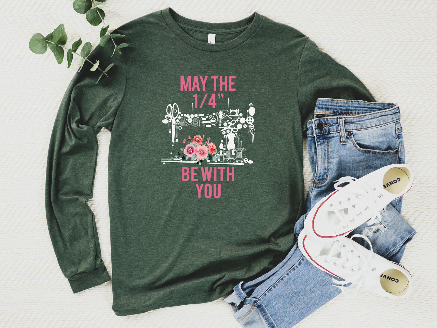 Funny quilting shirt in heather green long sleeve by Bee Inspired Tees. Features witty quarter-inch seam design—perfect for quilt retreats, guild meetups, and gifts for quilters.