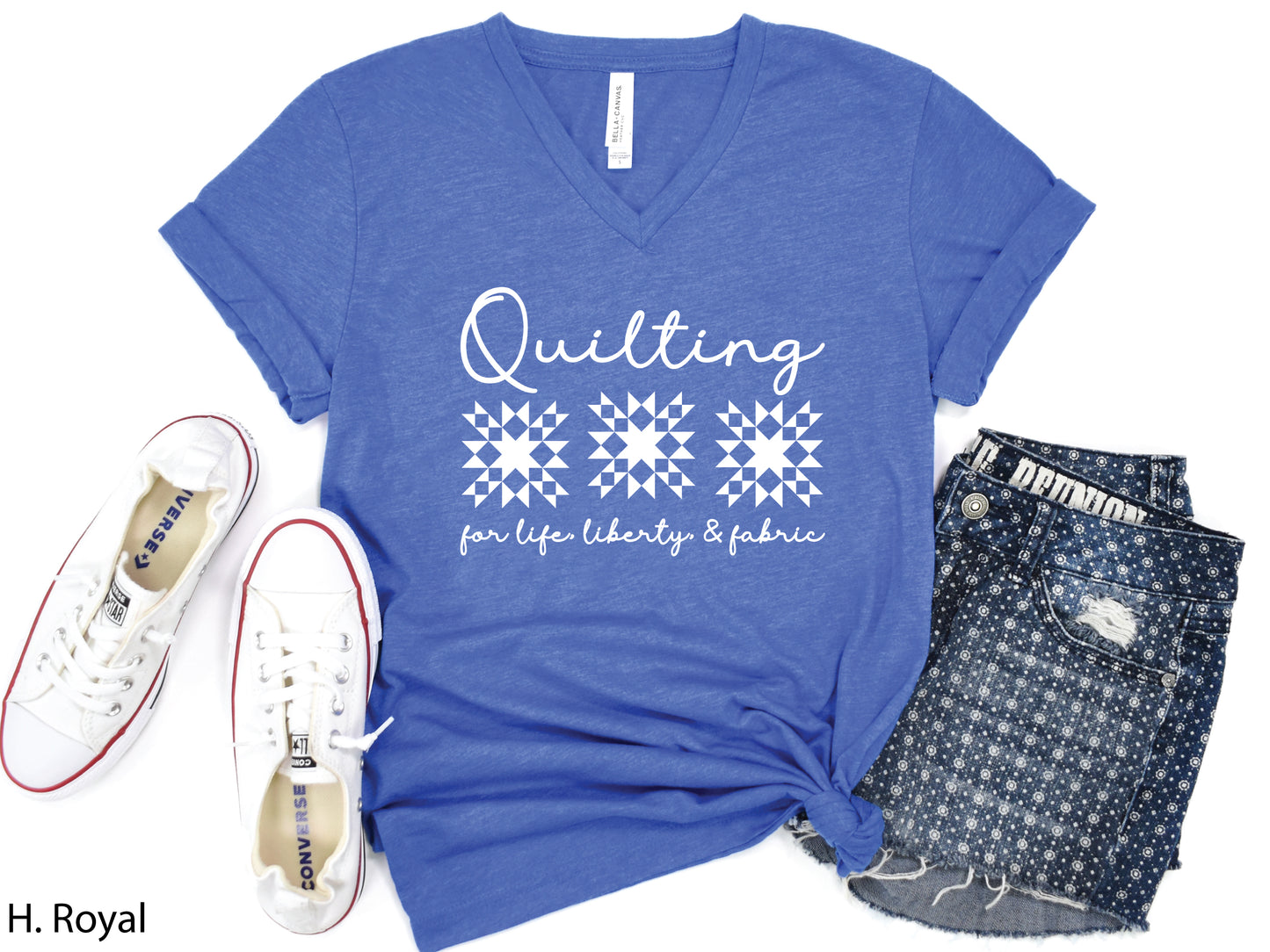 Quilting For Life, Freedom, & Fabric V-Neck T-Shirt
