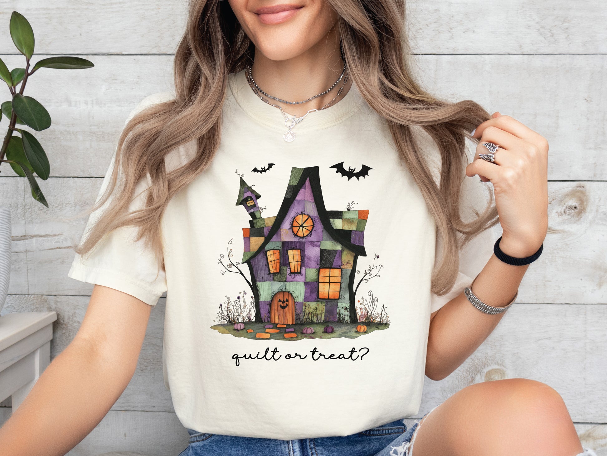 Quilt or Treat Halloween t-shirt on a Comfort Colors Ivory tee—fun Halloween gift for quilters, perfect for spooky season sewing and retreats.
