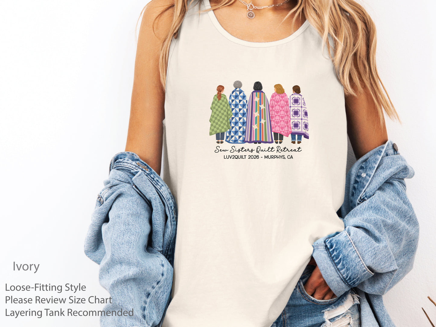 Sew Sisters Quilt Retreat shirt design featuring five women wrapped in colorful green, blue, striped, pink heart, and purple quilts with LUV2QUILT 2026 – Murphys, CA text.