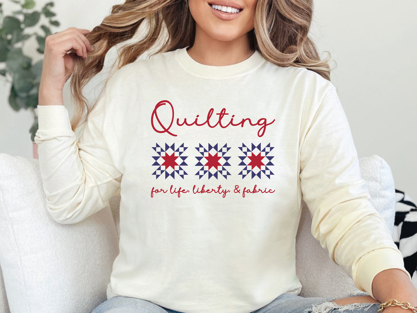 Patriotic long sleeve quilting t-shirt with “Quilting for Life, Liberty, & Fabric” phrase, perfect for quilters and summer sewing days.
