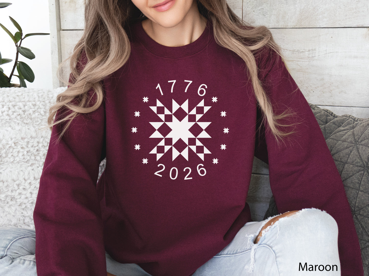 Patriotic quilting sweatshirt featuring a white star quilt block with surrounding stars and the years 1776–2026, celebrating America’s 250th Anniversary. Makes a great valor quilter gift.