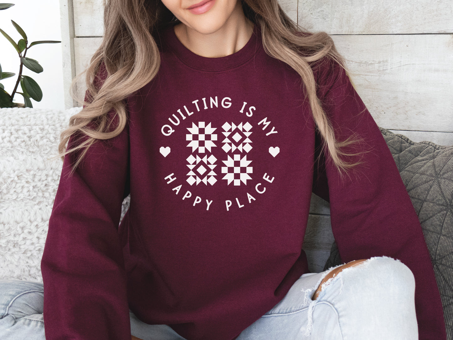 Cozy unisex sweatshirt with the phrase “Quilting Is My Happy Place” printed on the front — perfect for quilters and sewists who love to create.