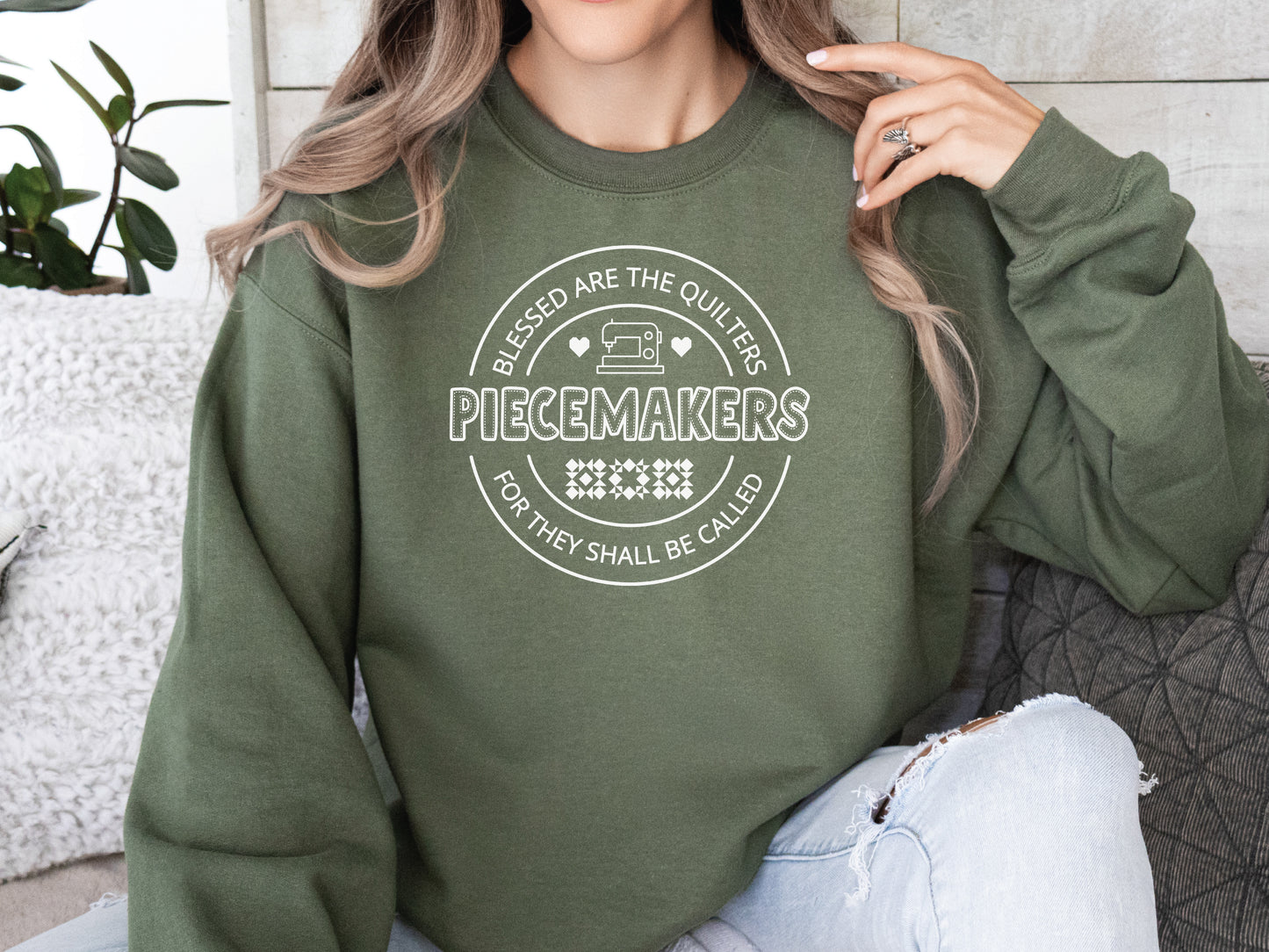 A long-sleeve quilting t-shirt from Bee Inspired Tees featuring the phrase “Piecemaker – Quilters Are Blessed,” celebrating creativity, faith, and the art of quilting; a cozy gift for quilters and perfect for retreats or sewing days.