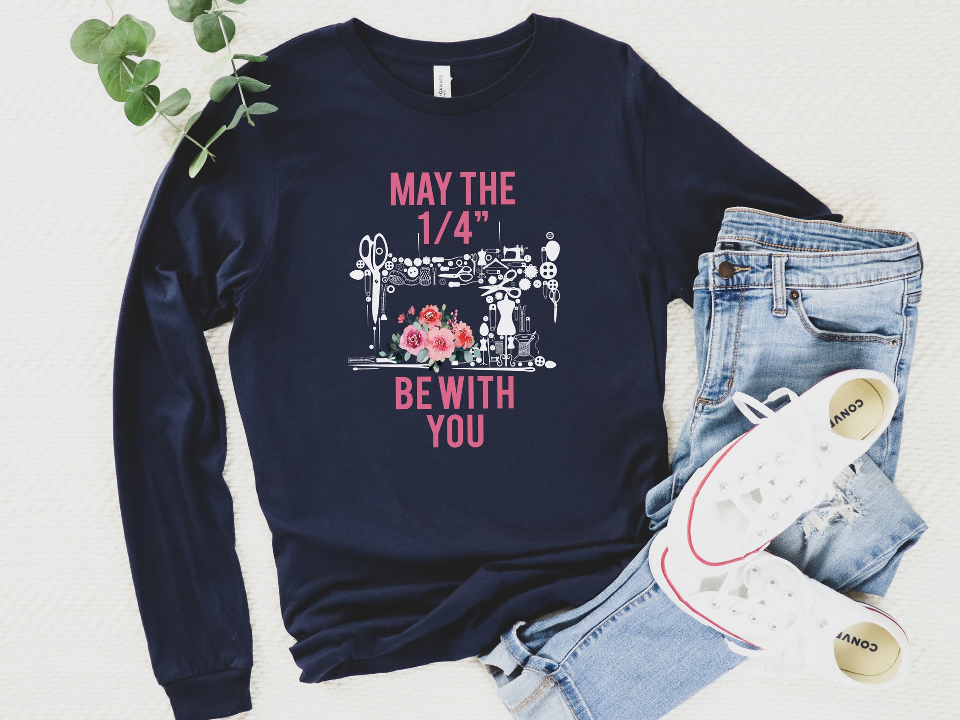 Funny quilting shirt in navy long sleeve by Bee Inspired Tees. Features witty quarter-inch seam design—perfect for quilt retreats, guild meetups, and gifts for quilters.