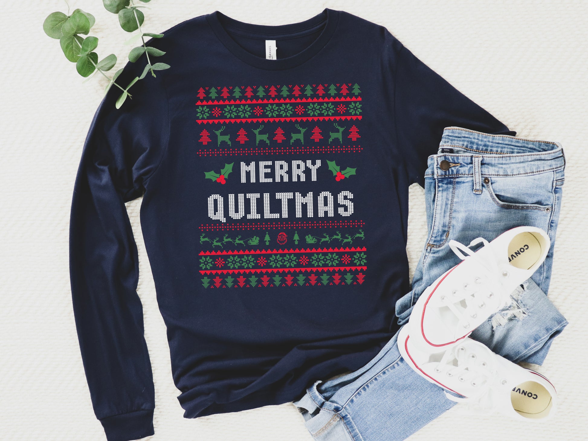 Long sleeve t-shirt with festive “Merry Quiltmas” design — perfect holiday gift for quilters, sewists, and anyone who loves Christmas sewing fun.