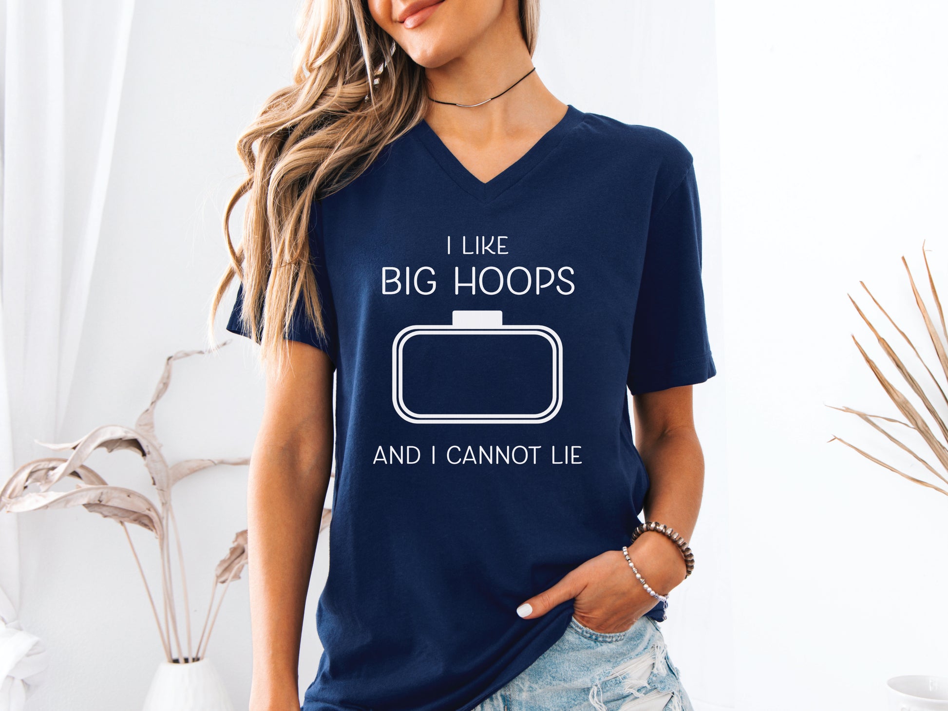 Embroidery-themed t-shirt with the phrase “I Love Big Hoops And Cannot Lie” and an embroidery hoop centered in the design for machine embroidery lovers.