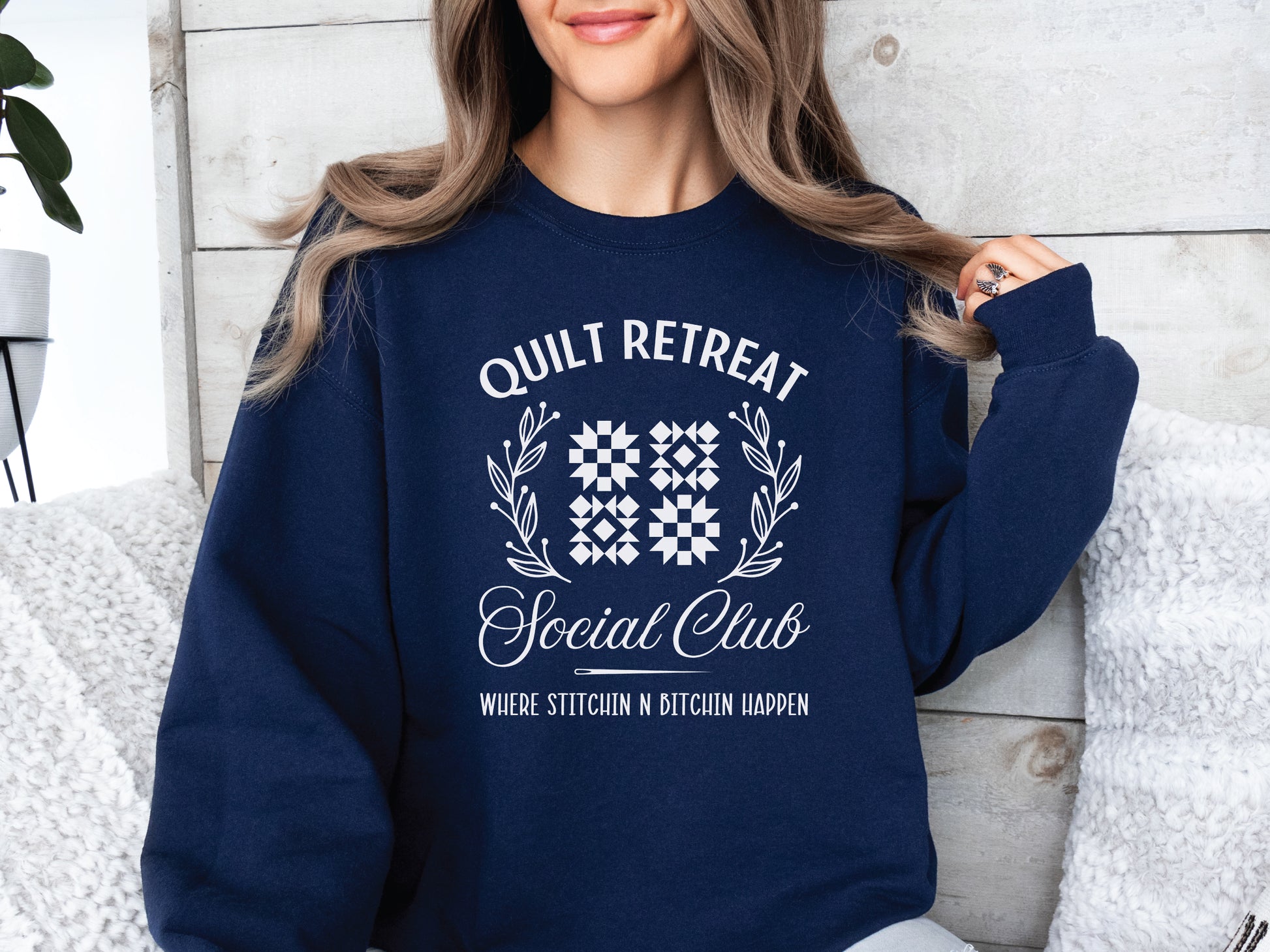 Get cozy and laugh in style with the Navy Quilt Retreat Social Club t-shirt from Bee Inspired Tees. Funny quilting shirts and gifts for quilters—perfect for retreats, guilds, and sewing days!