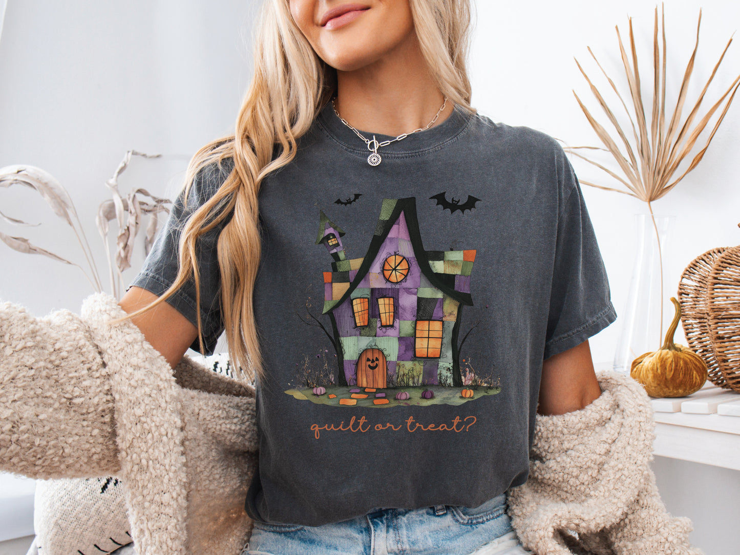 Quilt or Treat Halloween t-shirt on a Comfort Colors Pepper tee—fun Halloween gift for quilters, perfect for spooky season sewing and retreats.