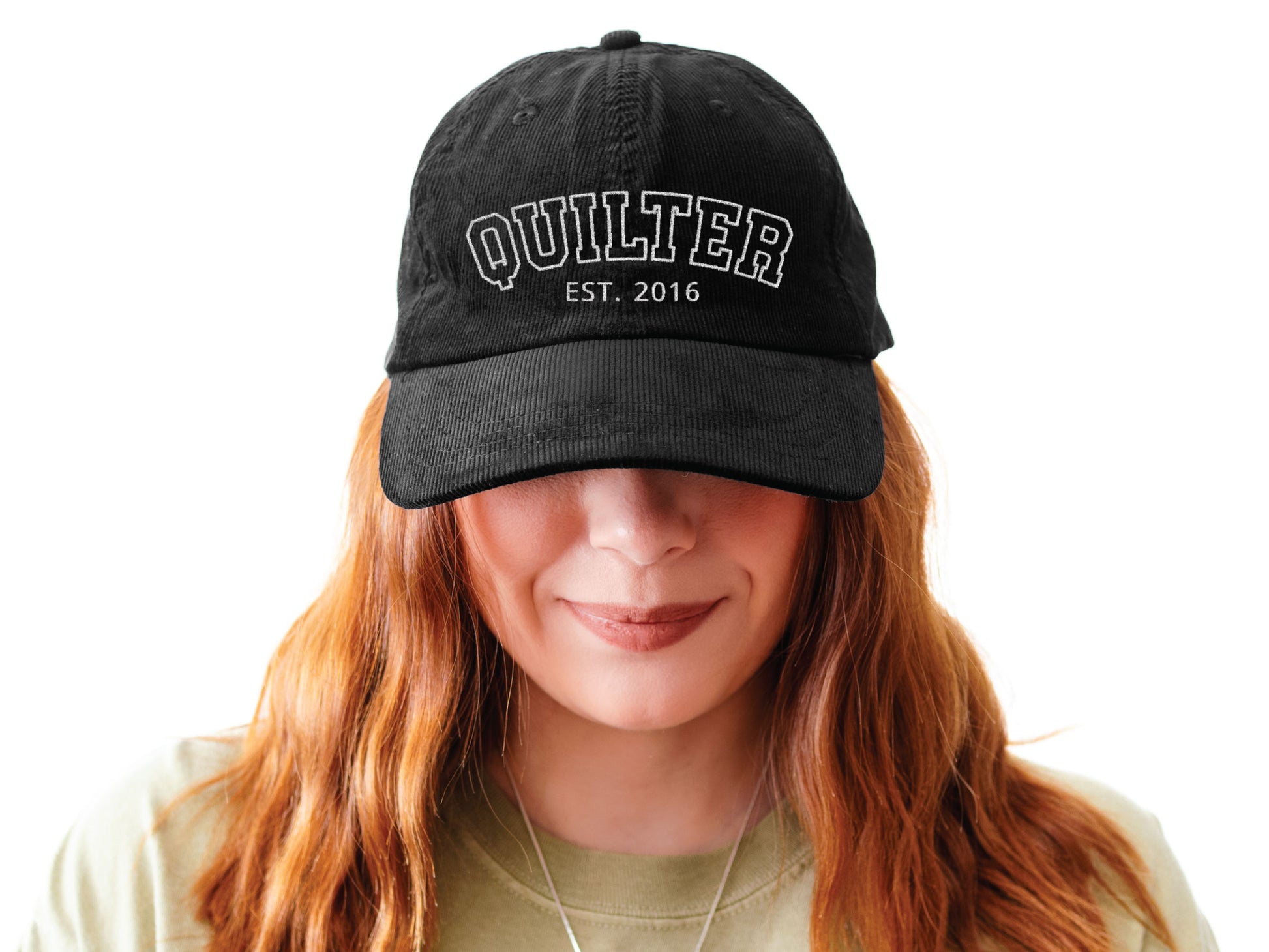 Vintage corduroy hat embroidered with “QUILTER,” personalized with the quilter’s start year, shown in multiple color options—an ideal gift for quilting lovers and sewing enthusiasts.