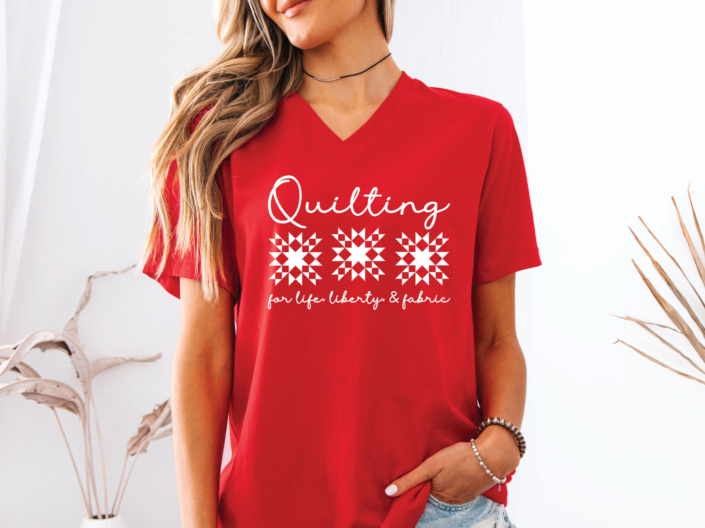 Quilting For Life, Freedom, & Fabric V-Neck T-Shirt