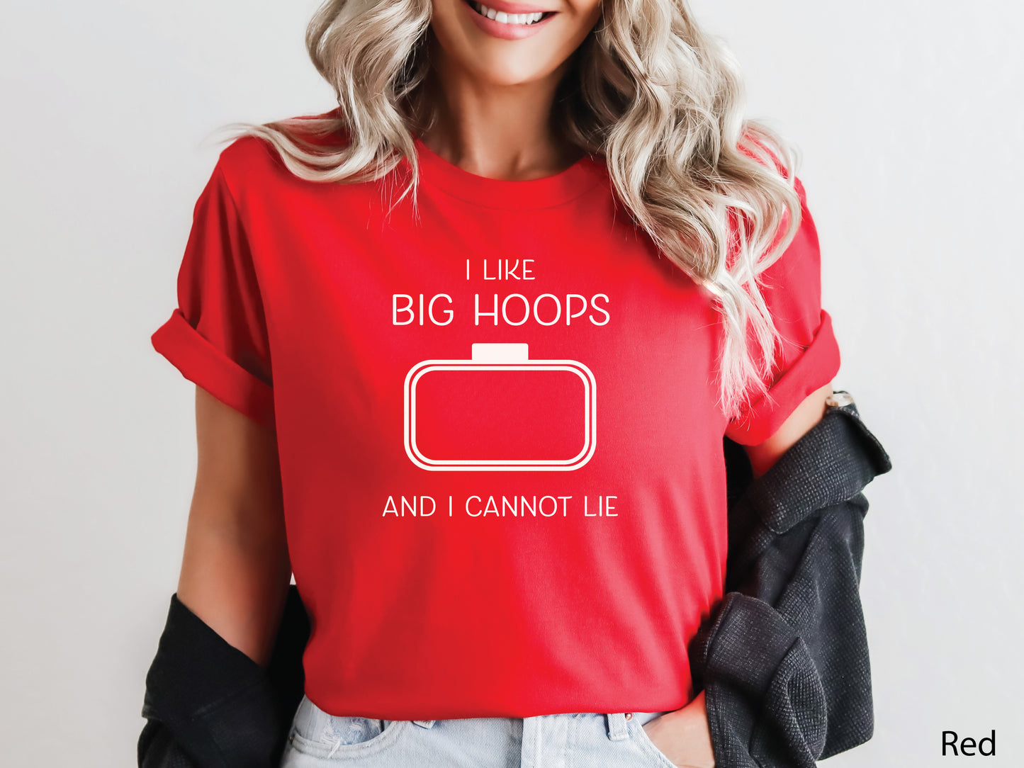 Embroidery-themed t-shirt with the phrase “I Love Big Hoops And Cannot Lie” and an embroidery hoop centered in the design for machine embroidery lovers.