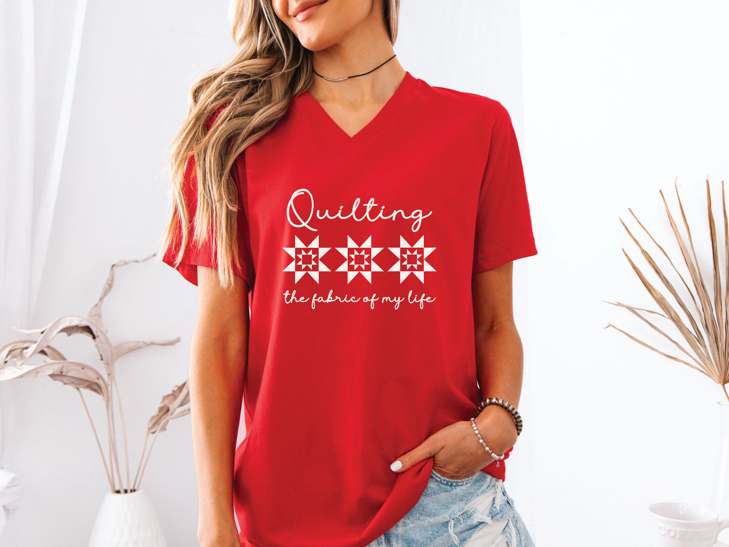 Quilting The Fabric of My Life V-Neck T-Shirt