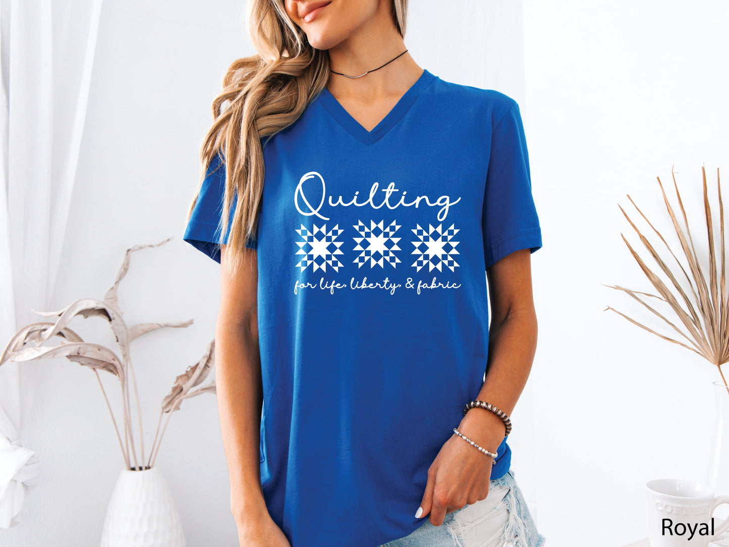 Quilting For Life, Freedom, & Fabric V-Neck T-Shirt