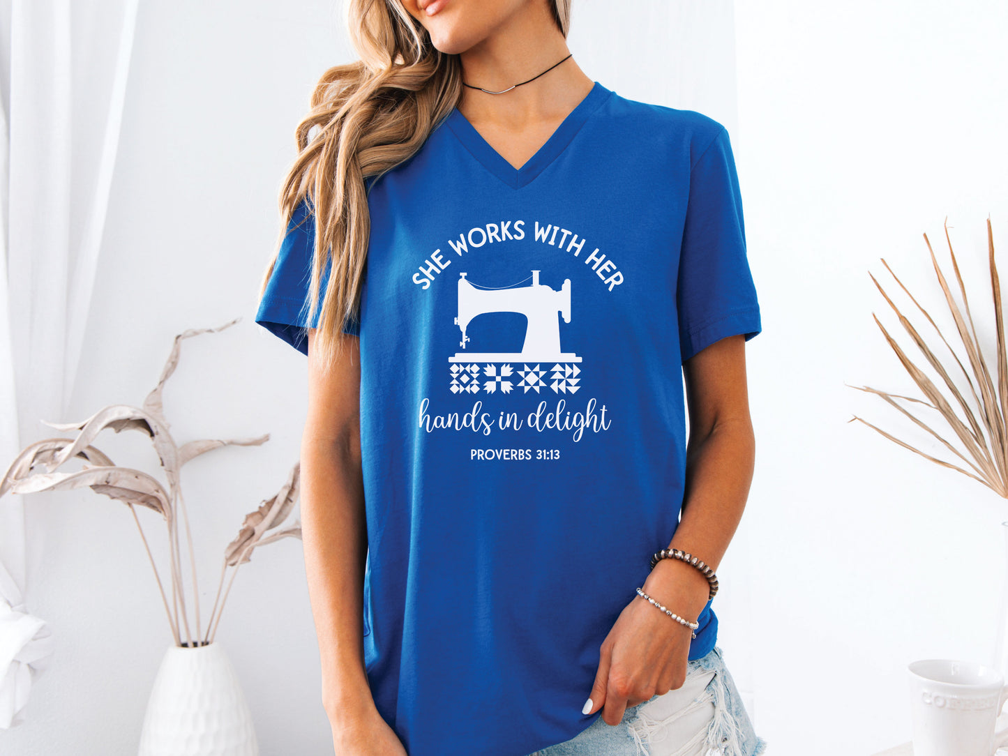 She Works With Her Hands In Delight V-Neck T-Shirt