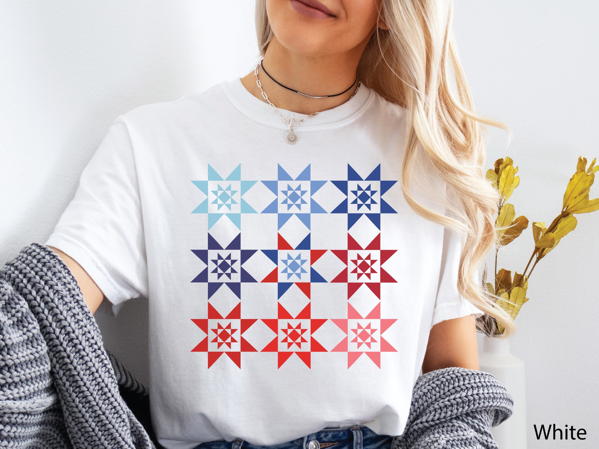 Patriotic Ombre Quilting T-Shirt featuring nine Evening Star quilt blocks arranged in a red, white, and blue ombre pattern on a Comfort Colors® shirt, celebrating America’s 250th Anniversary.