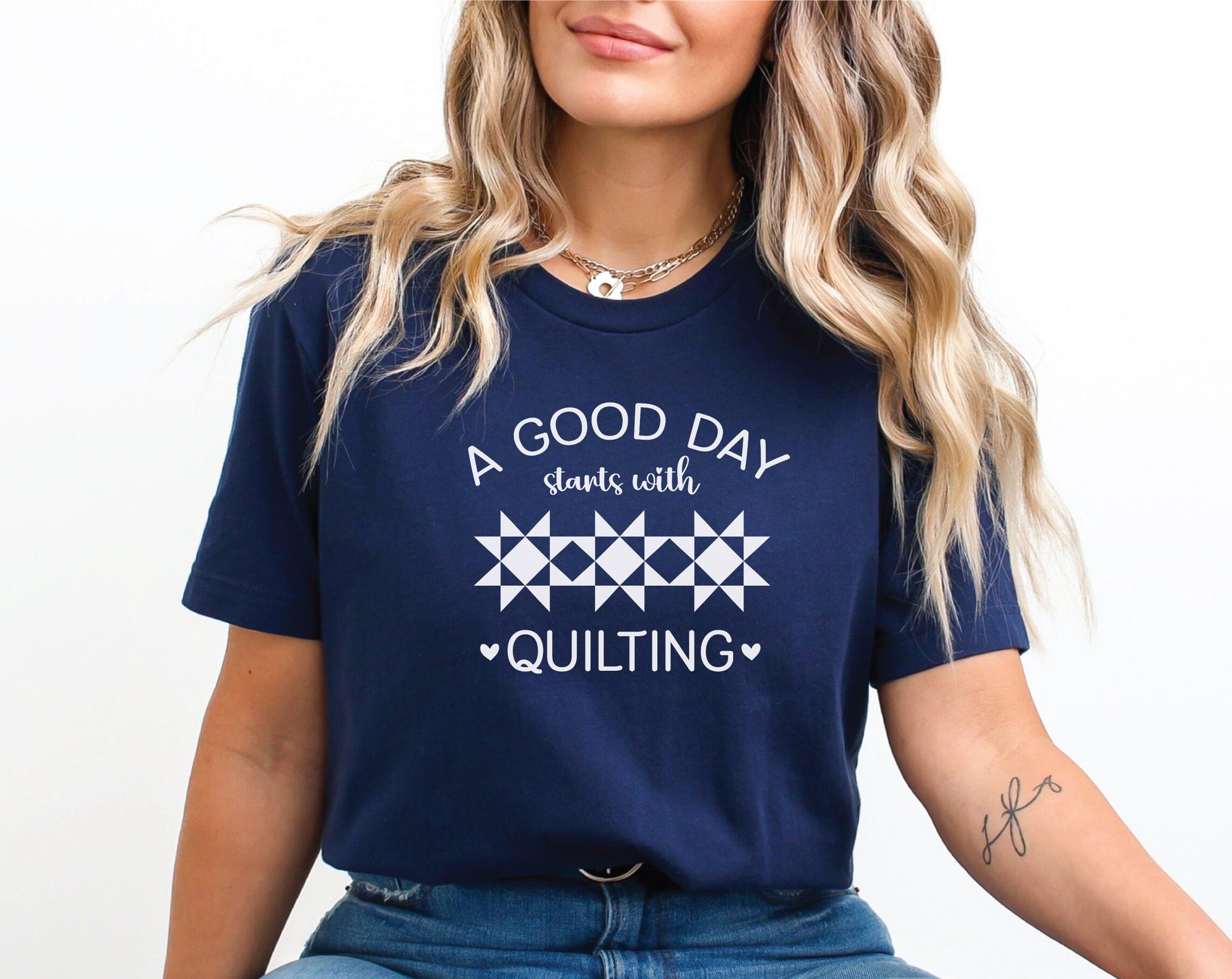 A Good Day Starts With Quilting Shirt. Available in 9 colors.