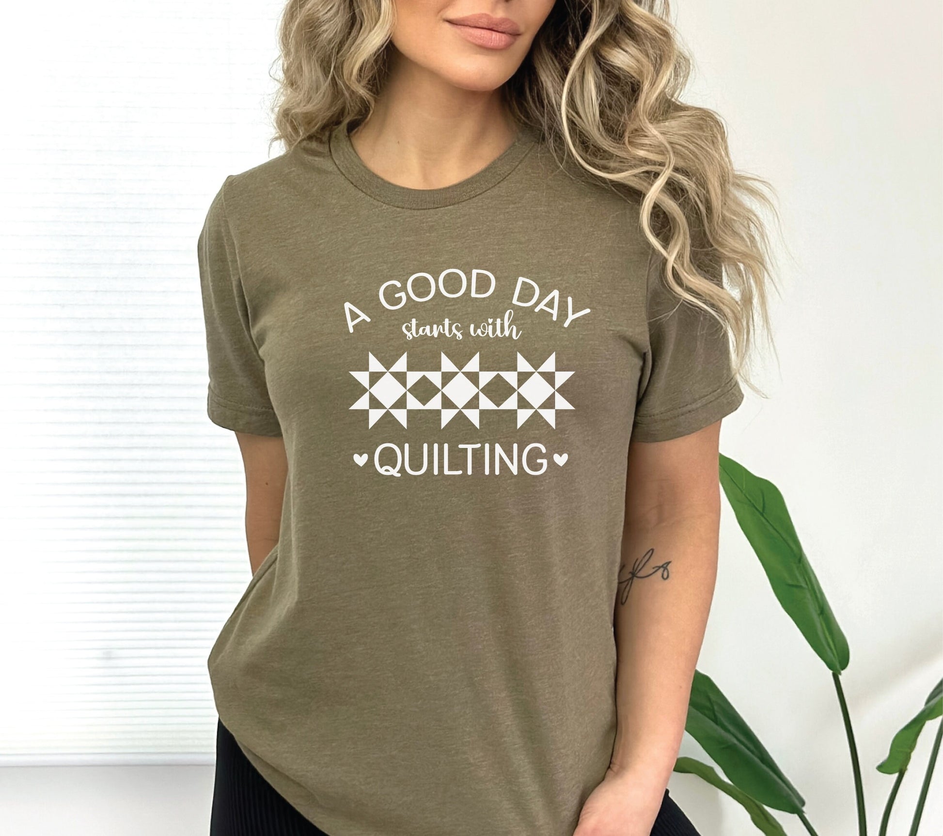 A Good Day Starts With Quilting Shirt. Available in 9 colors.