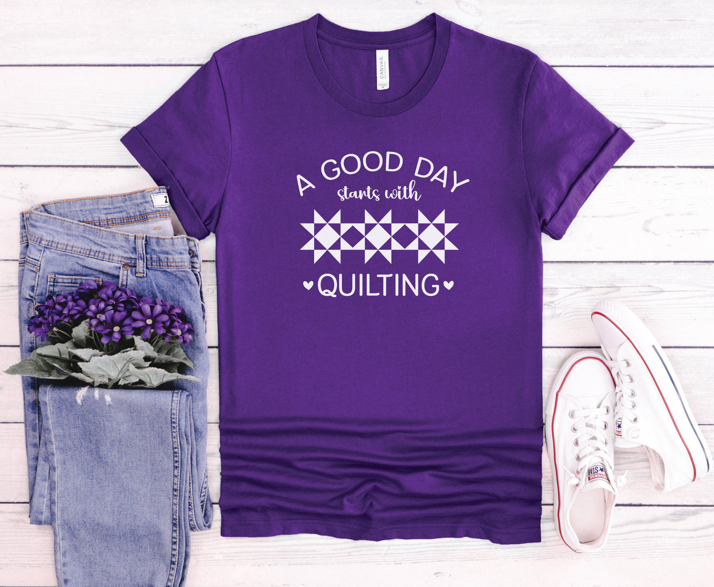 A Good Day Starts With Quilting Shirt. Available in 9 colors.