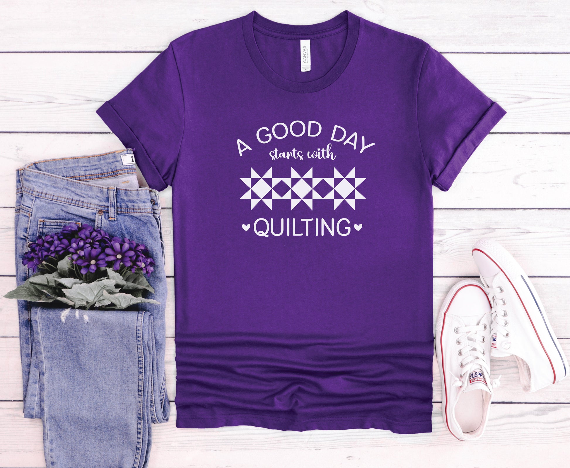 A Good Day Starts With Quilting Shirt. Available in 9 colors.