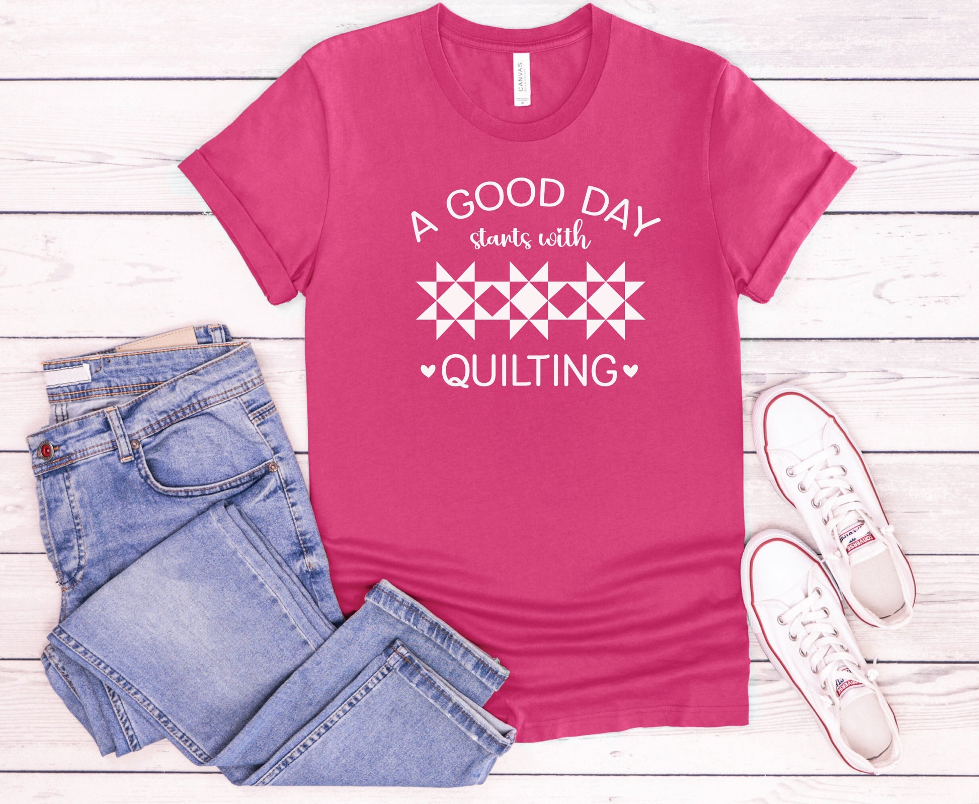 A Good Day Starts With Quilting Shirt. Available in 9 colors.