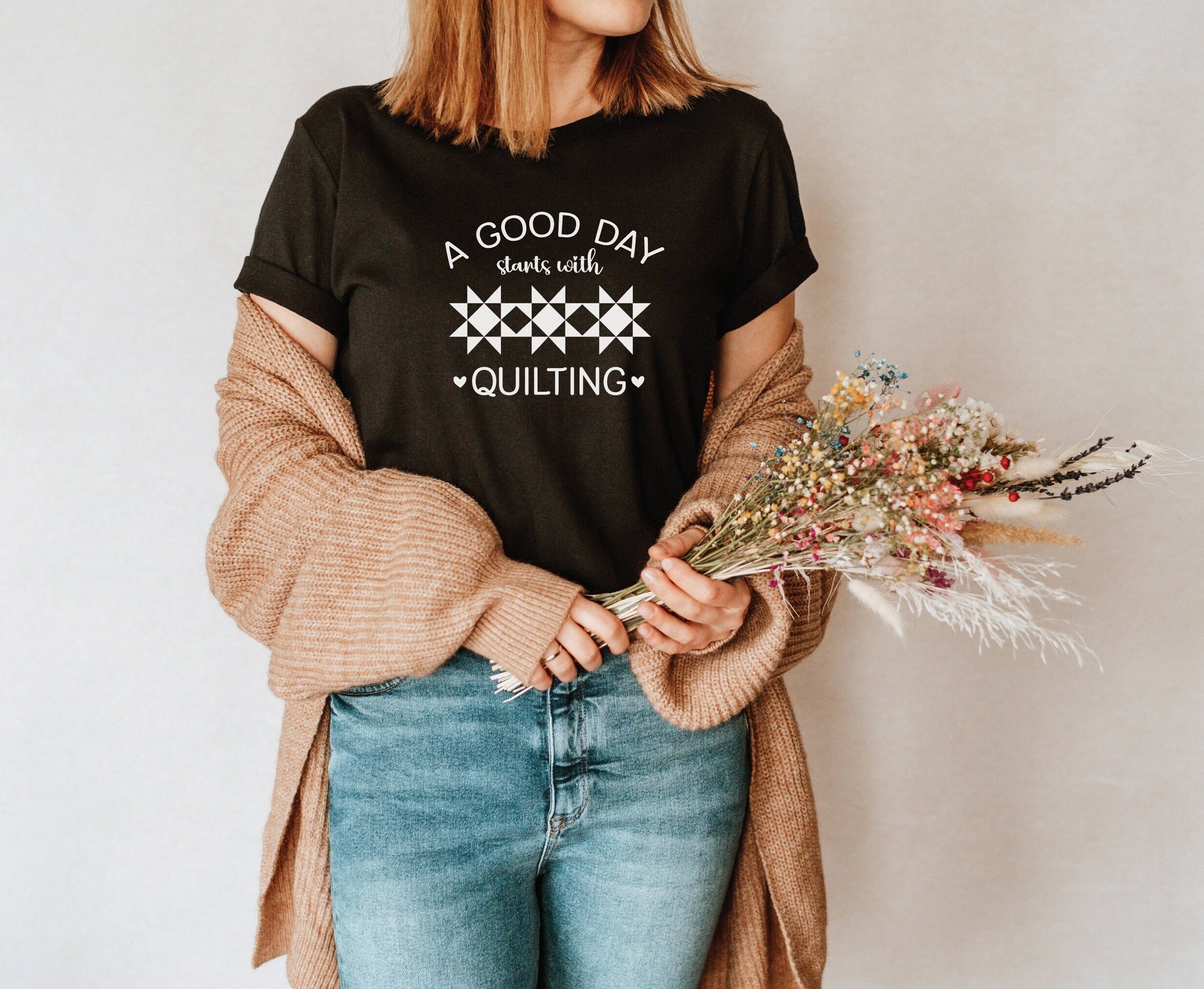 A Good Day Starts With Quilting Shirt. Available in 9 colors.