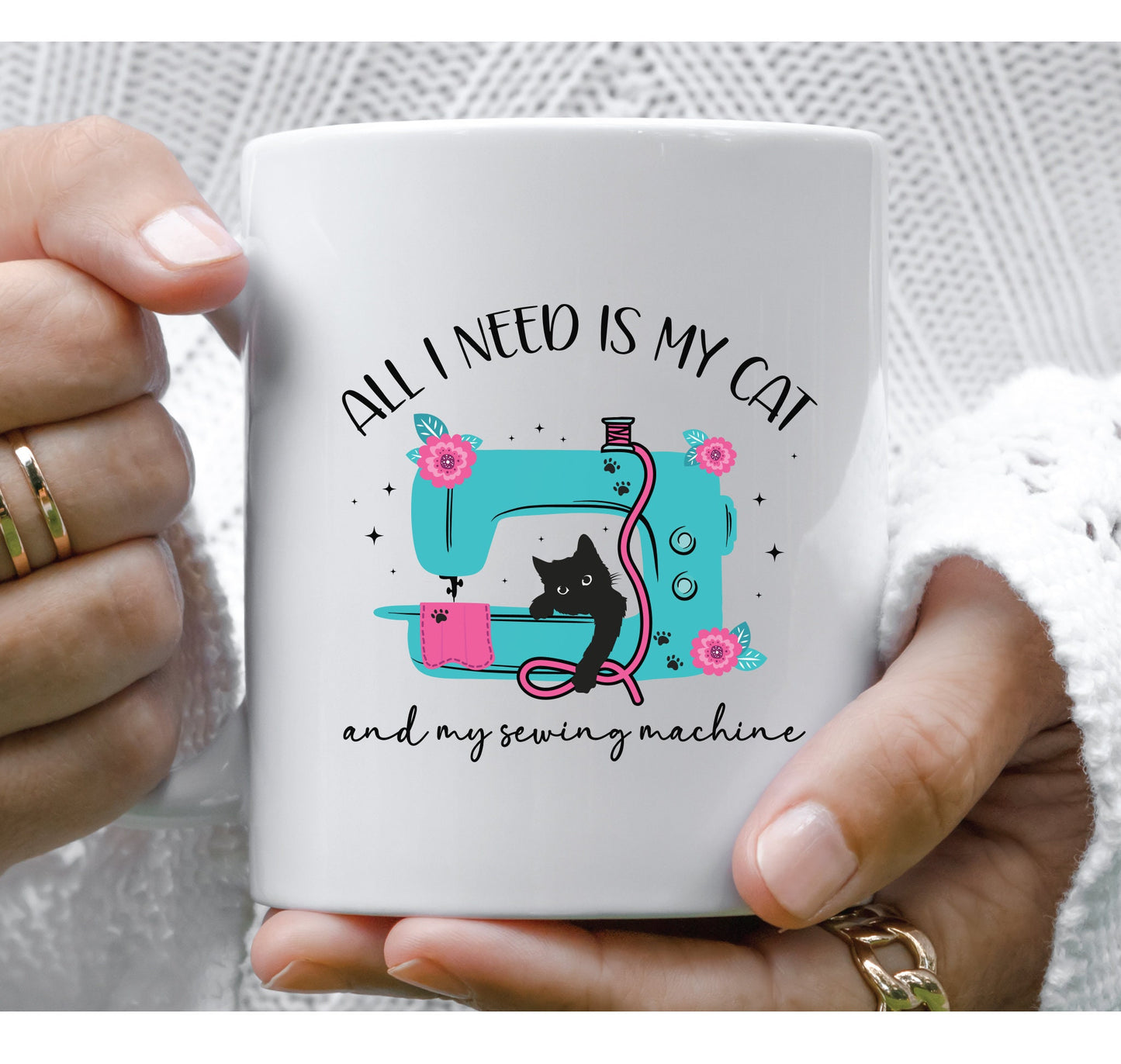 All I Need Is My Cat and My Sewing Machine mg. Perfect for the cat and quilt lover.