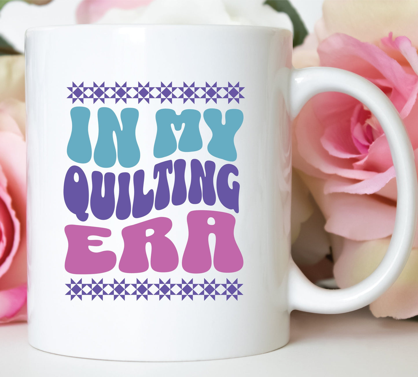 In My Quilting Era retro wavy text style on a white 11 oz mug.