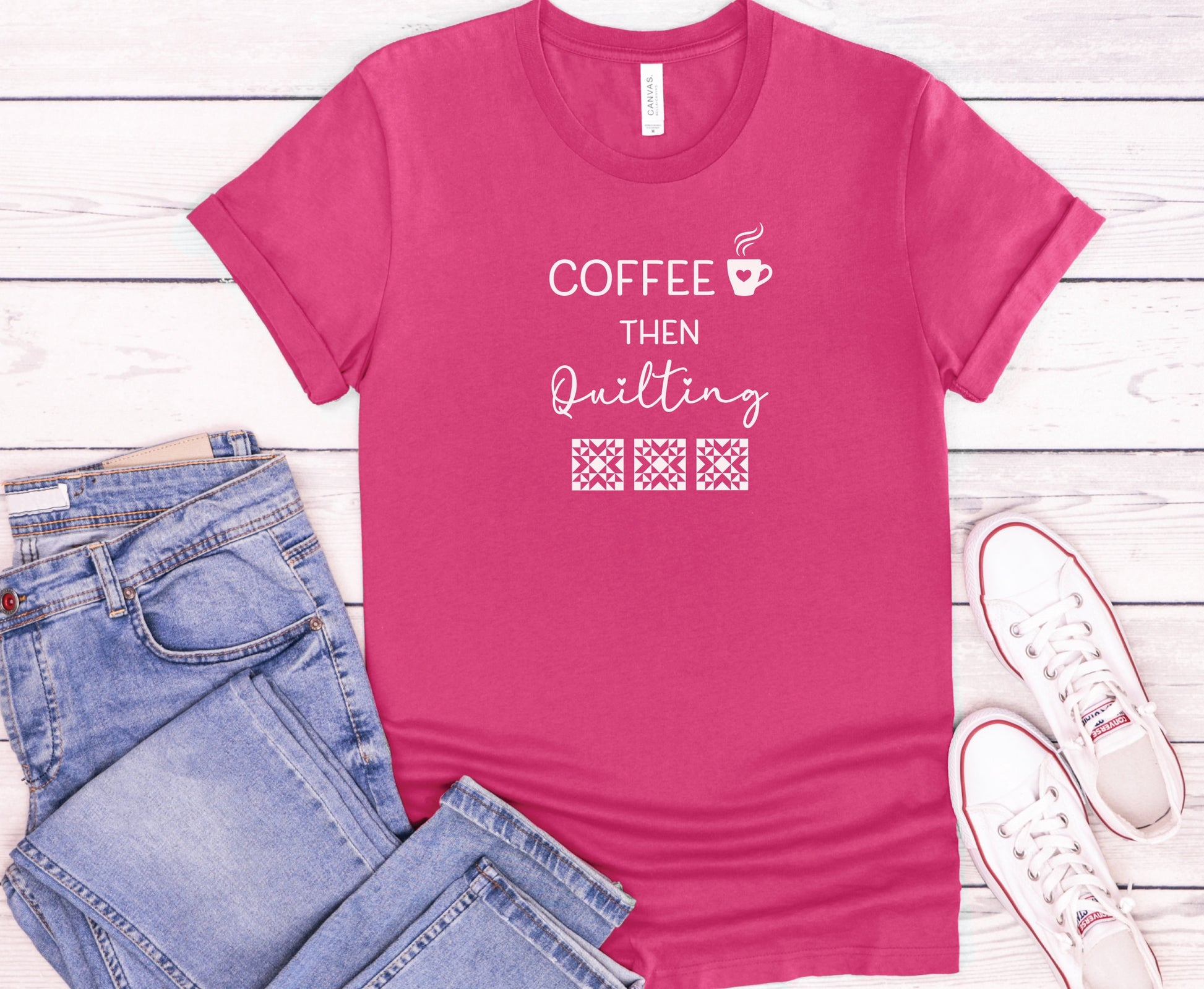 Coffee Then Quilting T-Shirt with a coffee cup with a heart design, and 3 quilting blocks.