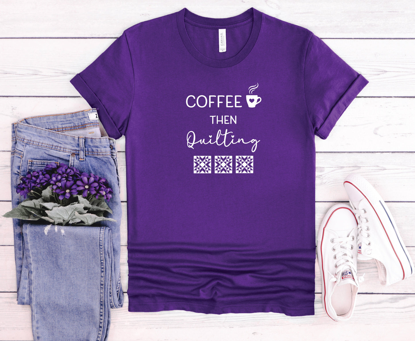 Coffee Then Quilting T-Shirt with a coffee cup with a heart design, and 3 quilting blocks.