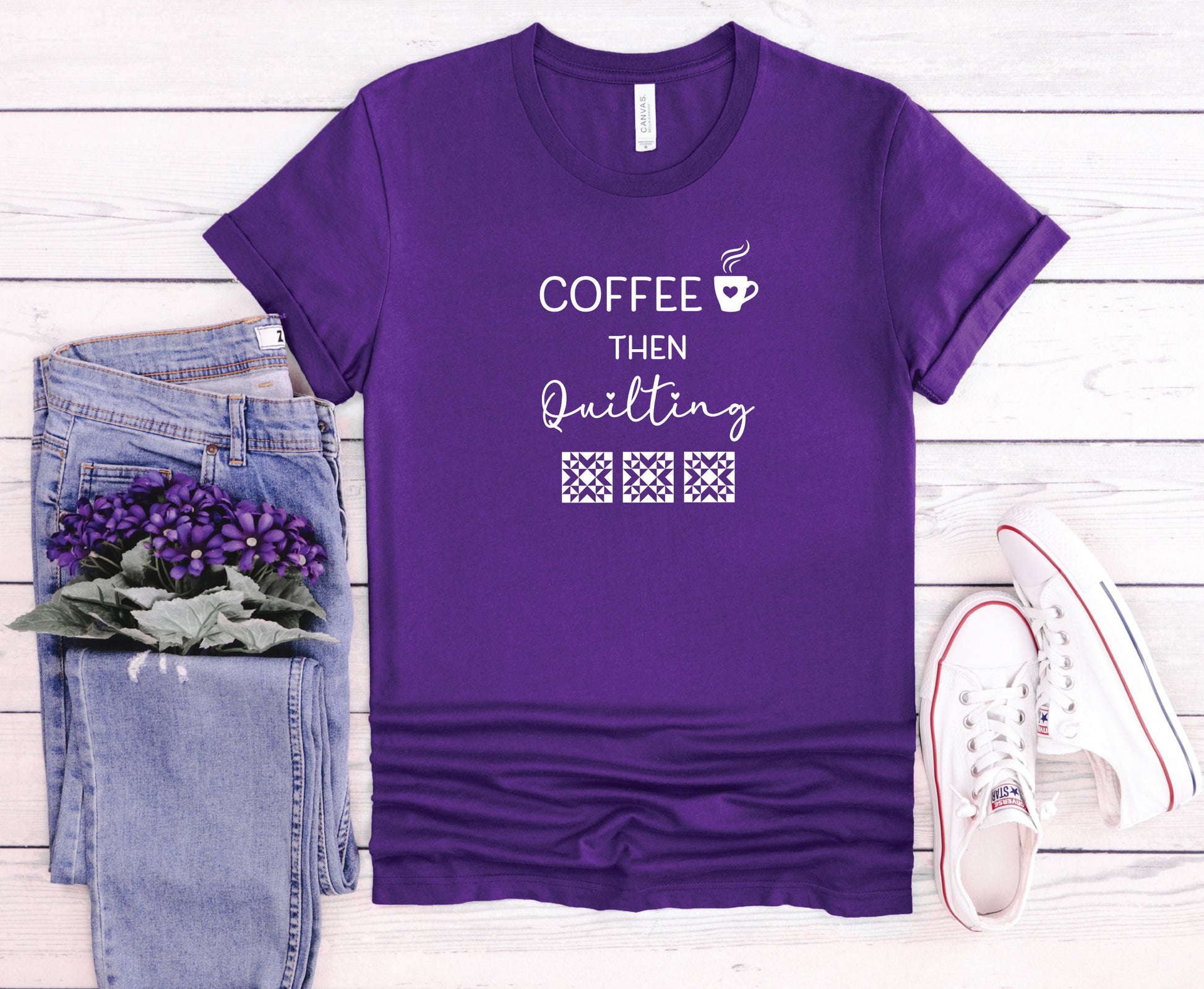 Coffee Then Quilting T-Shirt with a coffee cup with a heart design, and 3 quilting blocks.